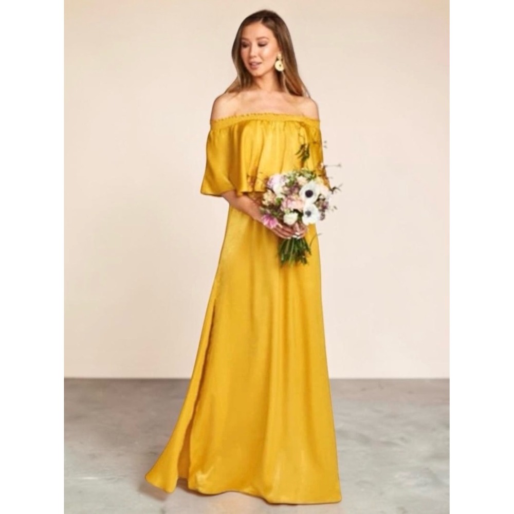 Show Me Your Mumu Satin Hacienda Maxi Dress Sz XS Yellow Gold Bridesmaid Ruffle